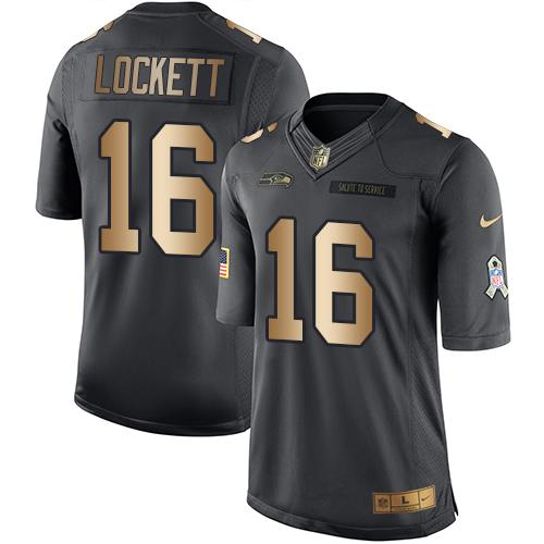 Nike Seahawks #16 Tyler Lockett Black Men's Stitched NFL Limited Gold Salute To Service Jersey - Click Image to Close